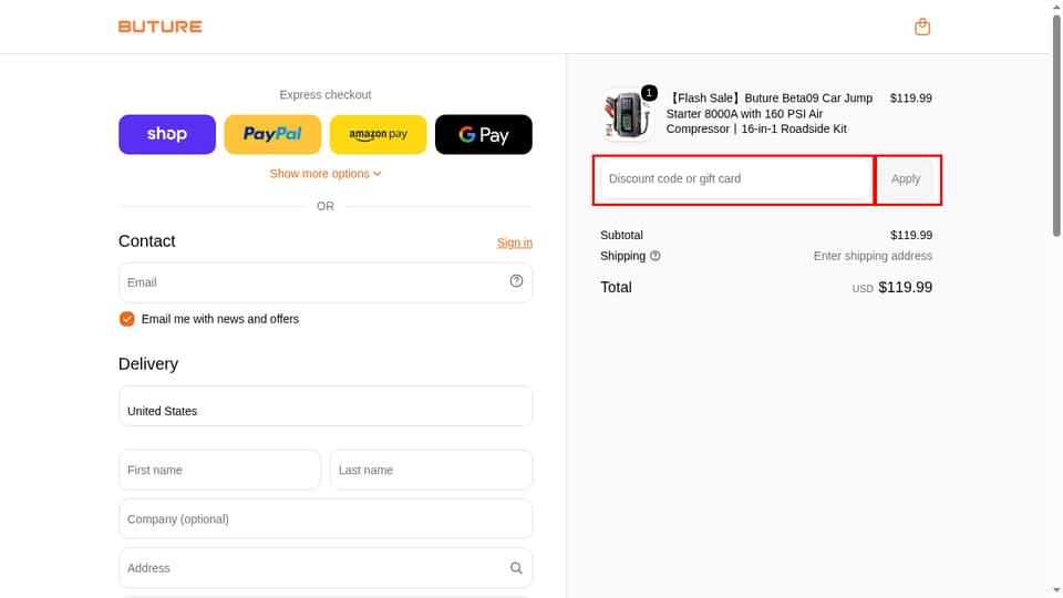 Buture checkout page showing the Discount code or gift card field and Apply button