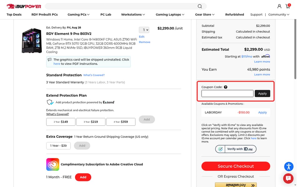 iBUYPOWER checkout page showing the Coupon Code: field and Apply button