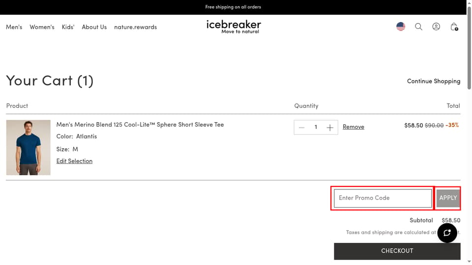 Icebreaker checkout page showing the Enter Promo Code field and APPLY button