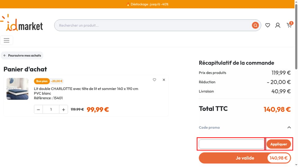 ID Market checkout page showing the promo code field and Appliquer button