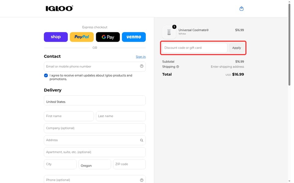 Igloo Coolers checkout page showing the Discount code or gift card field and Apply button