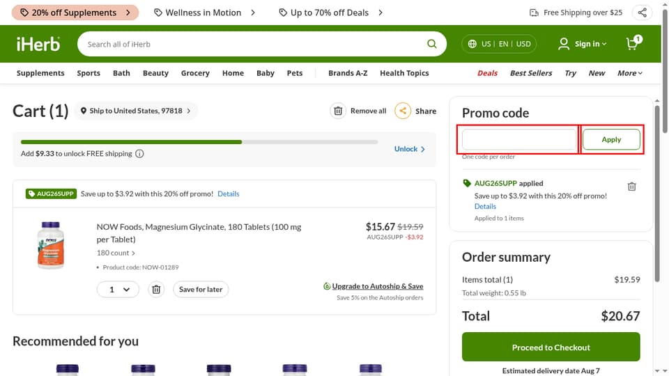 iHerb checkout page showing the Enter promo code field and Apply button