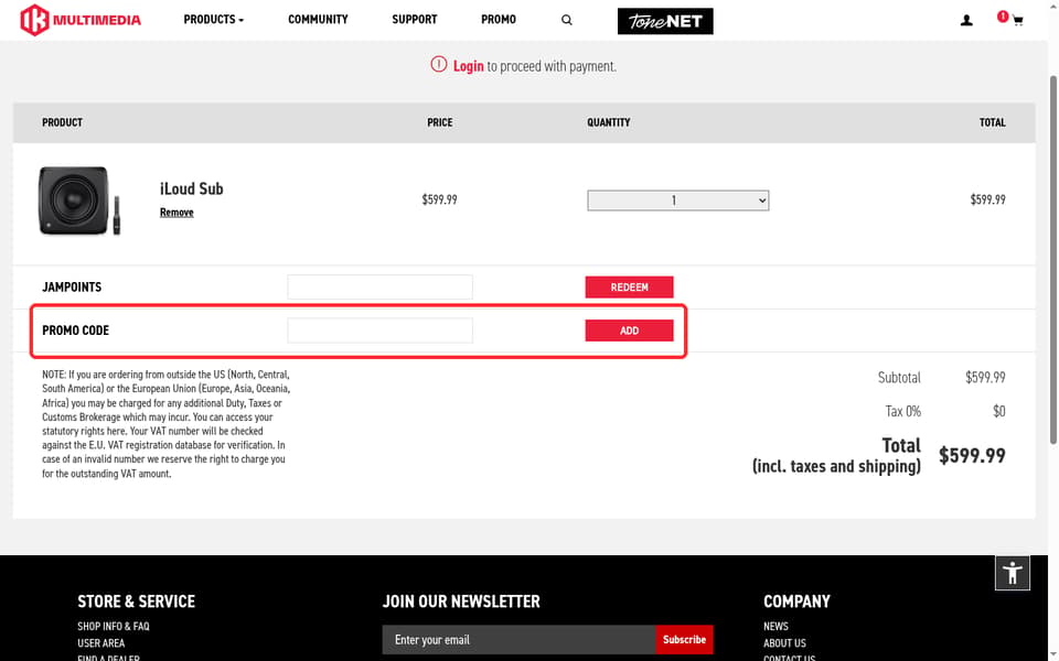 IK Multimedia checkout page showing the PROMO CODE field and ADD button