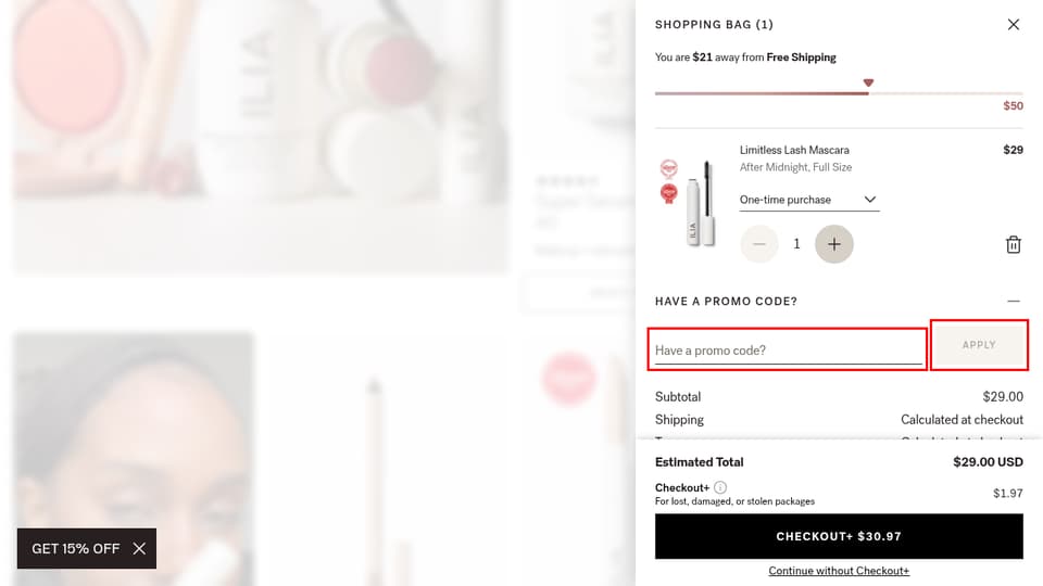 ILIA Beauty checkout page showing the Have a promo code? field and APPLY button