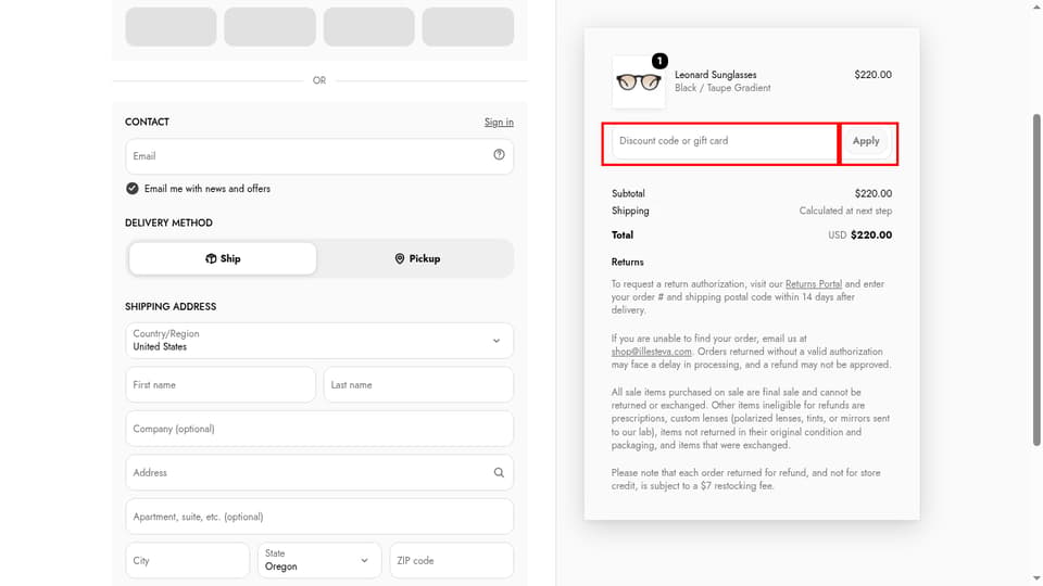 Illesteva checkout page showing the Discount code or gift card field and Apply button