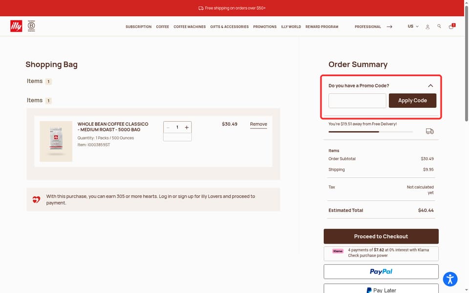 Illy checkout page showing the Promo Code field and Apply Code button