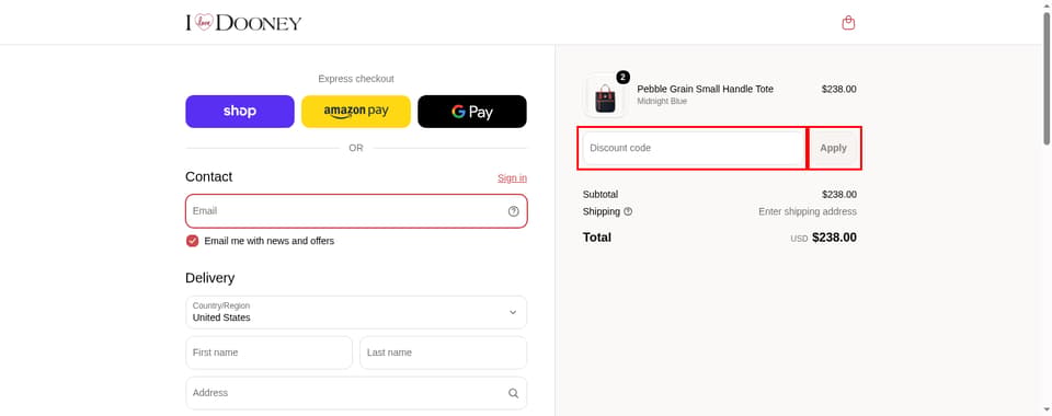 ILoveDooney checkout page showing the Discount code field and Apply button