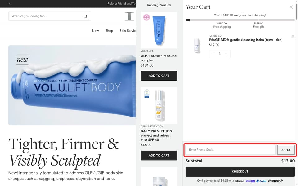 IMAGE Skincare checkout page showing the Enter Promo Code field and APPLY button