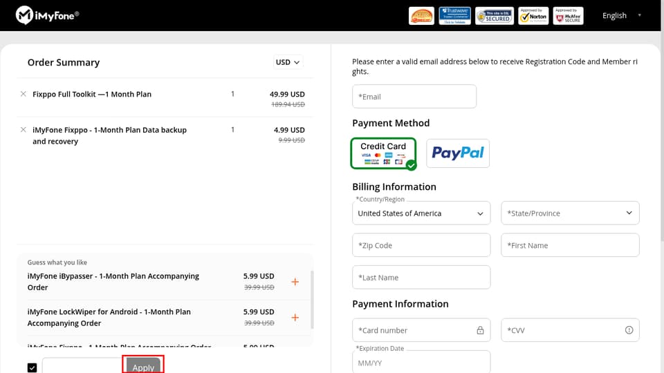 iMyFone checkout page showing the coupon field and Apply button