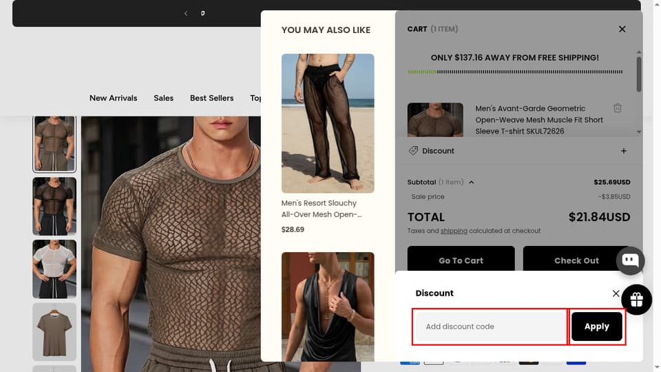 INCERUNMEN checkout page showing the Add discount code field and Apply button
