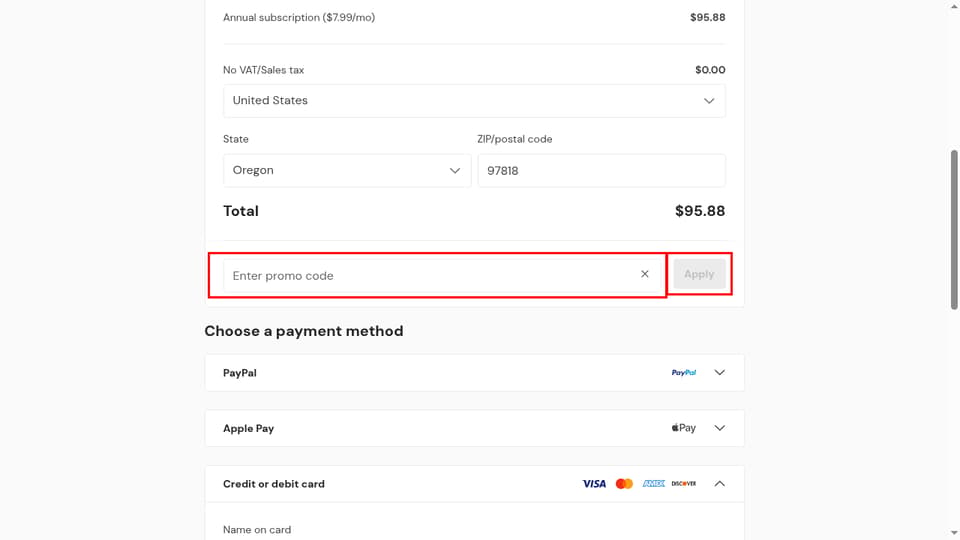 Incogni checkout page showing the Enter promo code field and Apply button