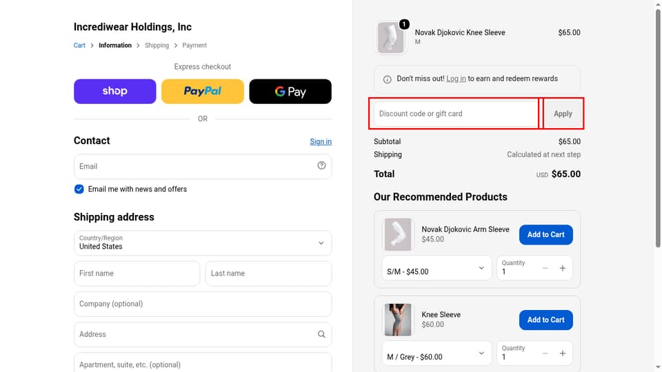 Incrediwear checkout page showing the Discount code or gift card field and Apply button