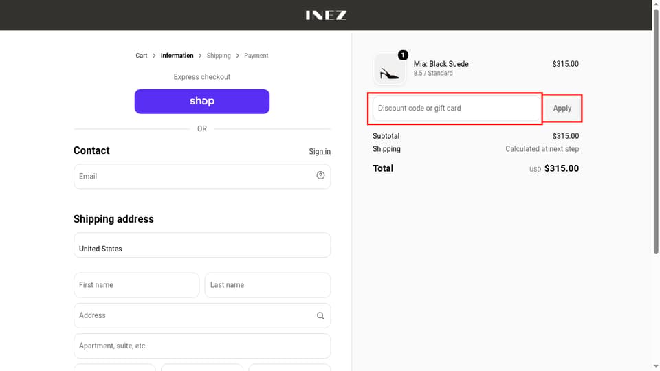 INEZ checkout page showing the Discount code or gift card field and Apply button