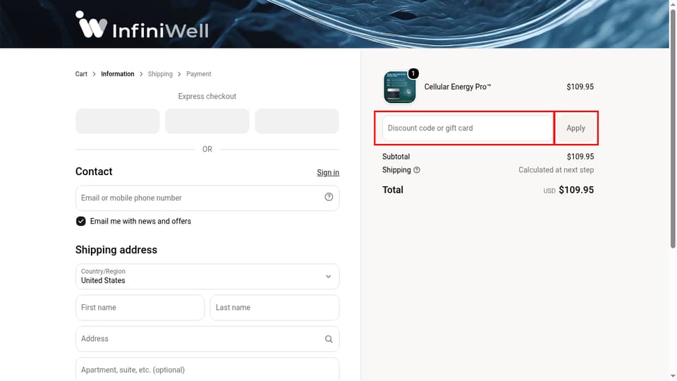 InfiniWell checkout page showing the Discount code or gift card field and Apply button
