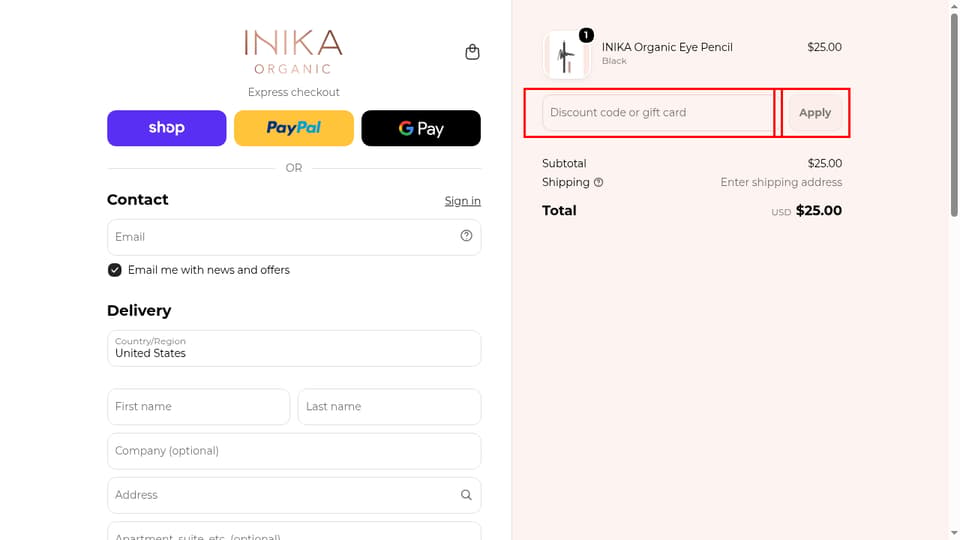 INIKA Organic checkout page showing the Discount code or gift card field and Apply button