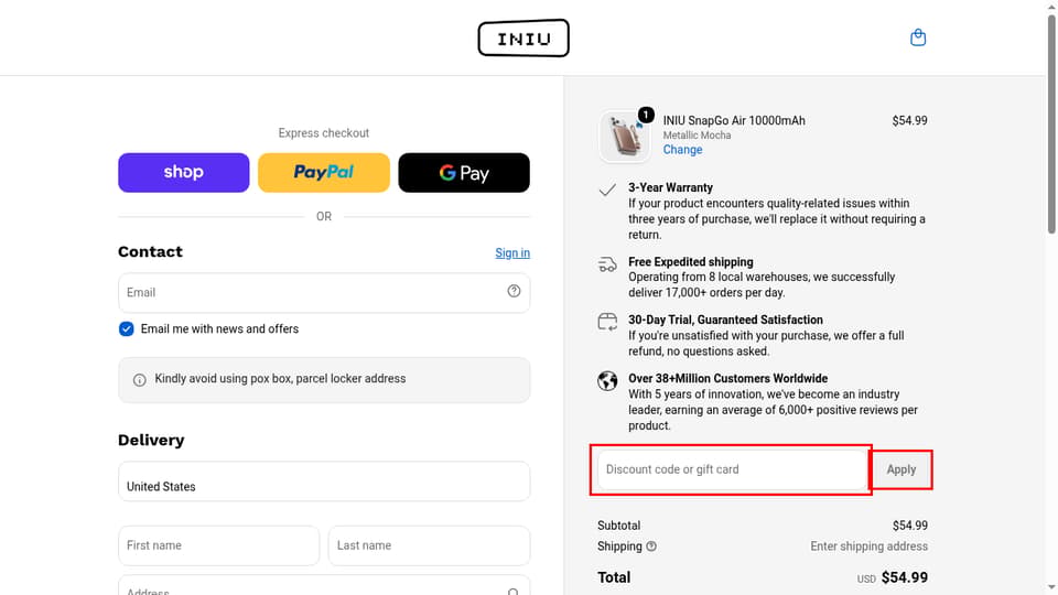 INIU checkout page showing the Discount code or gift card field and Apply button