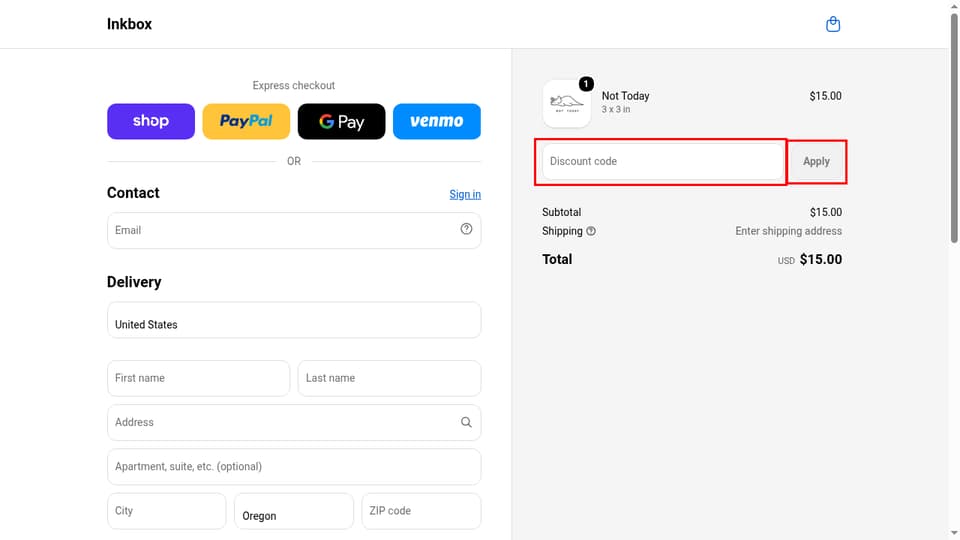 Inkbox checkout page showing the Discount code field and Apply button