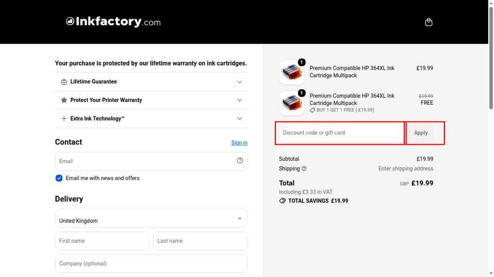 Ink Factory checkout page showing the Discount code or gift card field and Apply button