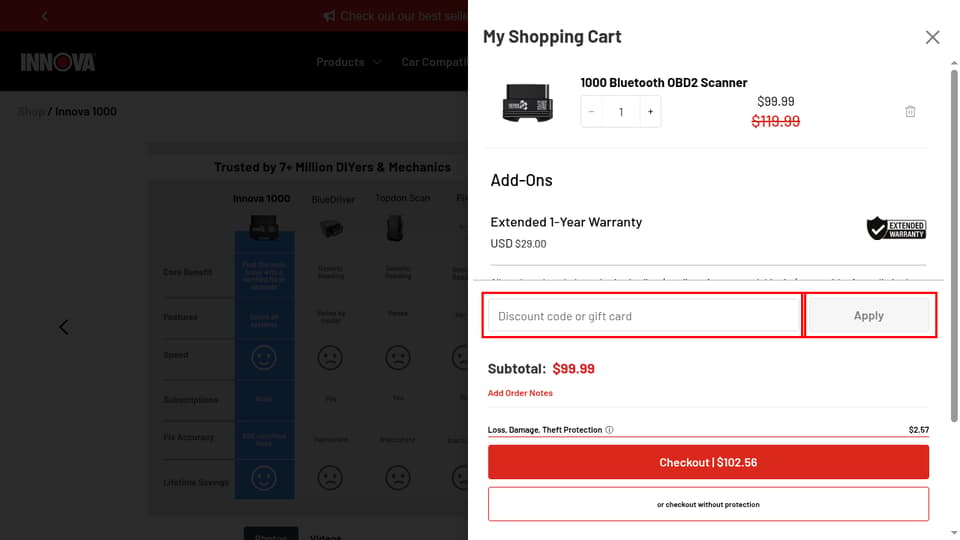 Innova Electronics checkout page showing the Discount code or gift card field and Apply button