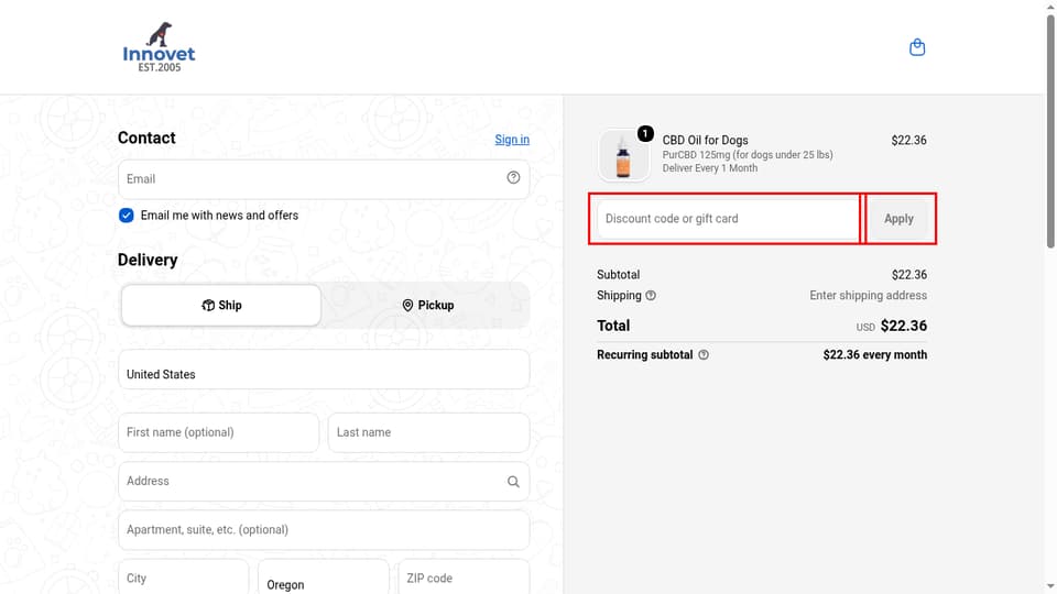 Innovet checkout page showing the Discount code or gift card field and Apply button