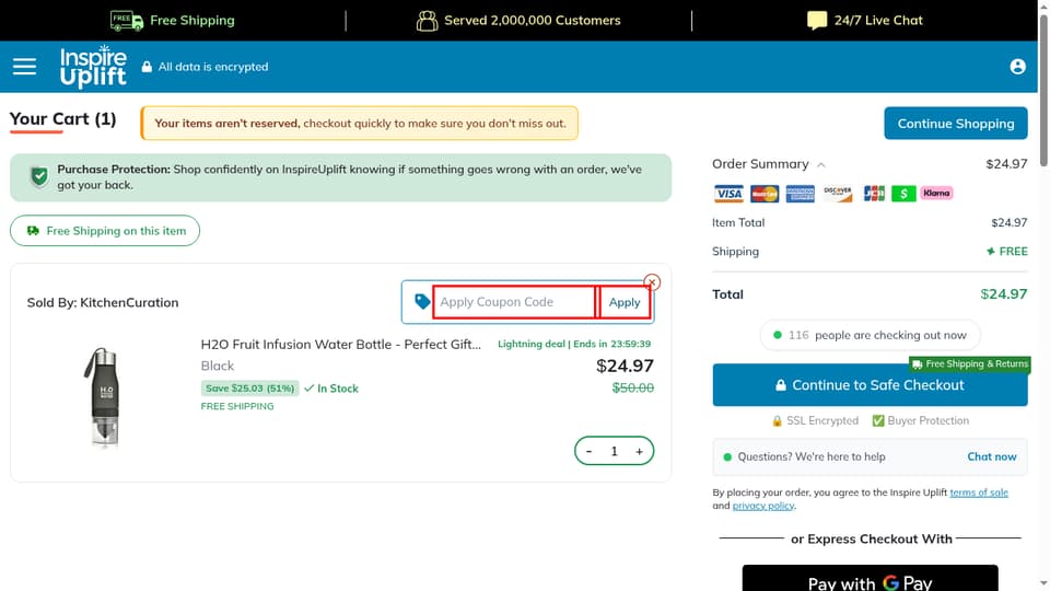 Inspire Uplift checkout page showing the Apply Coupon Code field and apply button