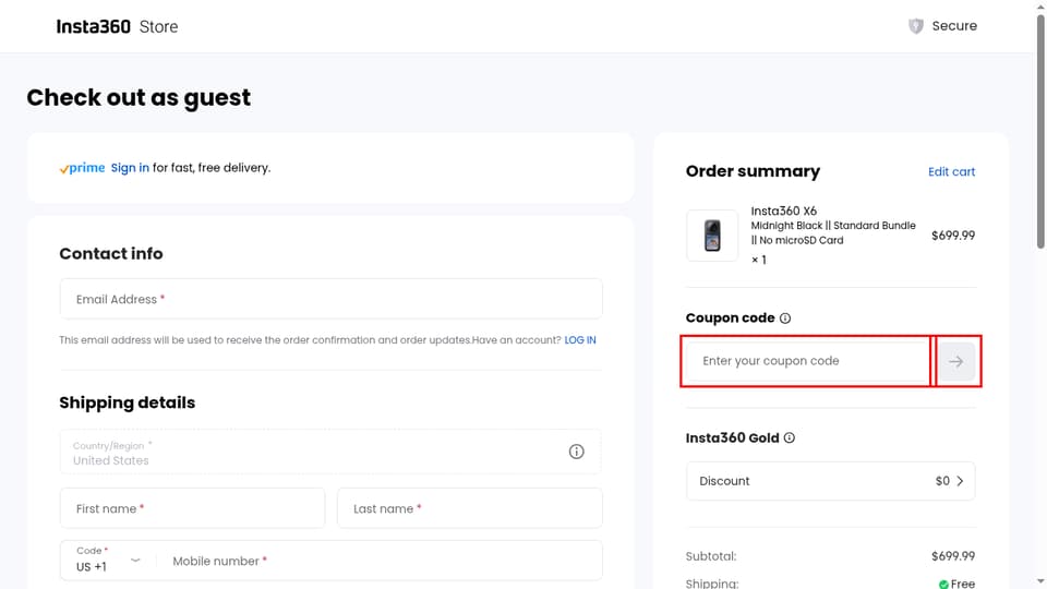 Insta360 checkout page showing the Enter your coupon code field and Apply button