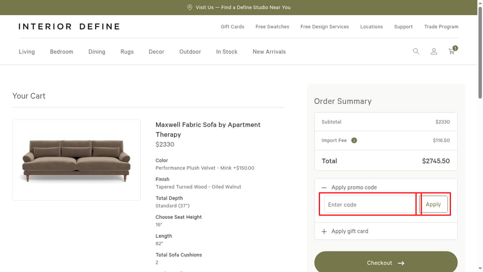 Interior Define checkout page showing the Enter code field and Apply button