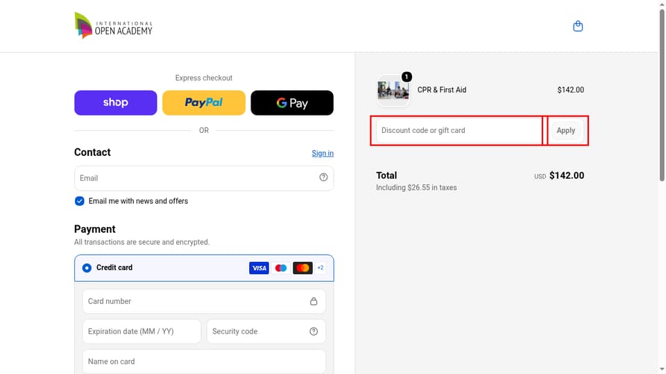 International Open Academy checkout page showing the Discount code or gift card field and Apply button