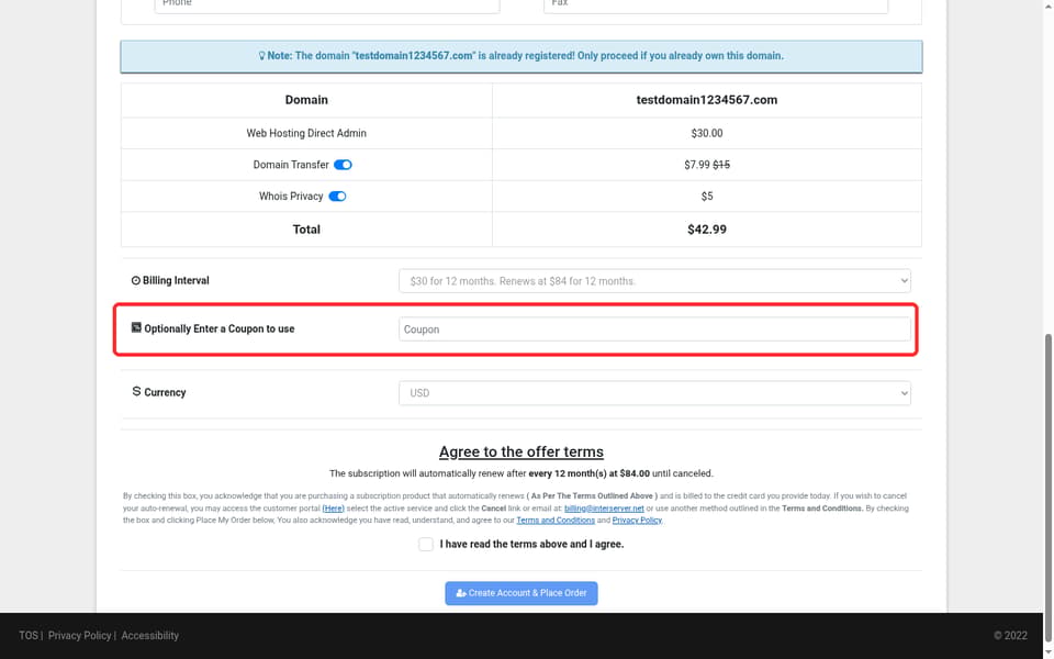 InterServer checkout page showing the Coupon field and Apply button