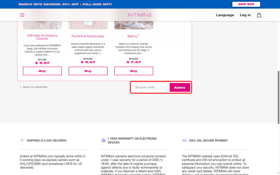 INTIMINA checkout page showing the Coupon code field and Apply button