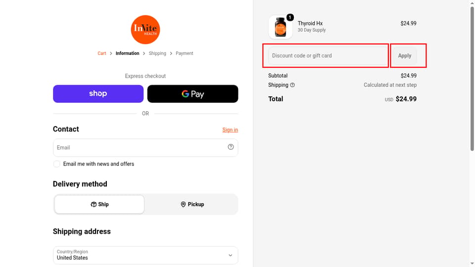 InVite Health checkout page showing the Discount code or gift card field and Apply button