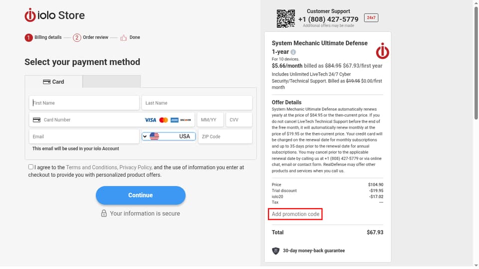 iolo checkout page showing the Add promotion code field and Apply button