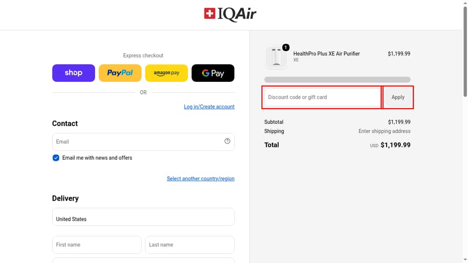 IQAir checkout page showing the Discount code or gift card field and Apply button