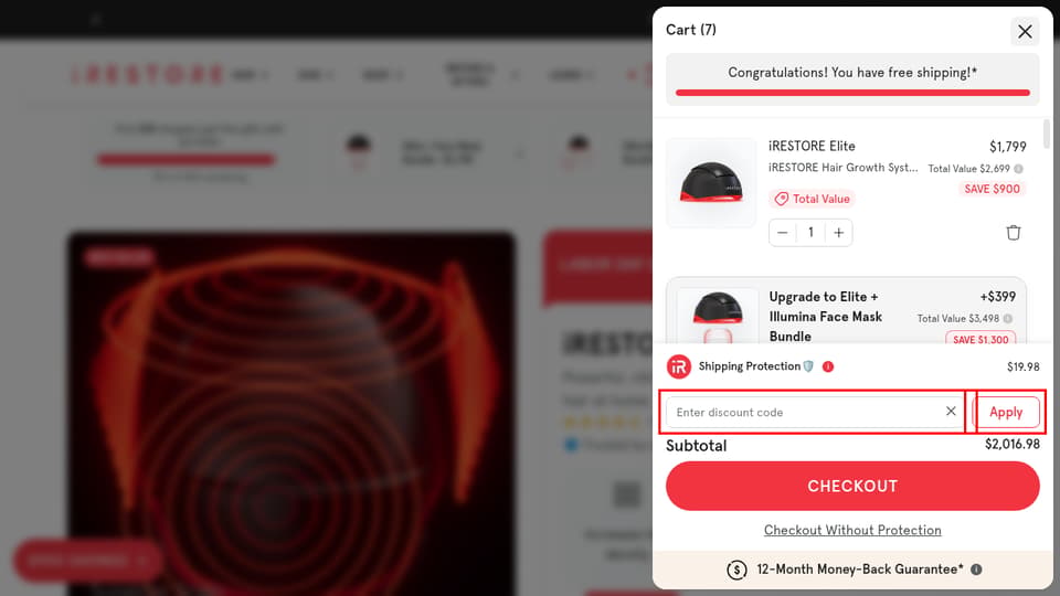 iRESTORE checkout page showing the Enter discount code field and Apply button