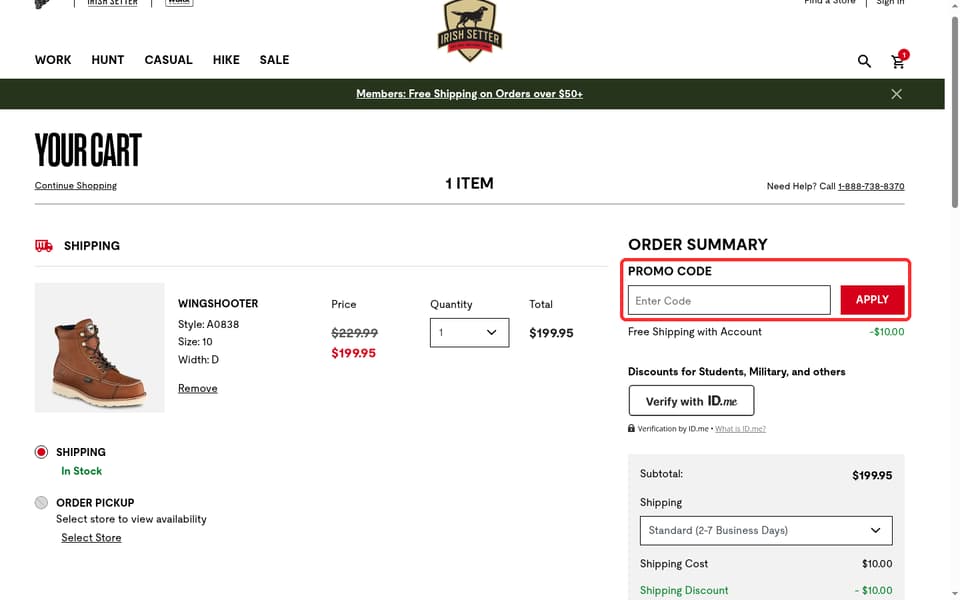 Irish Setter checkout page showing the Enter Code field and Apply button