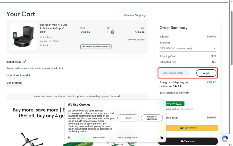 iRobot checkout page showing the Enter Promo Code field and Apply button