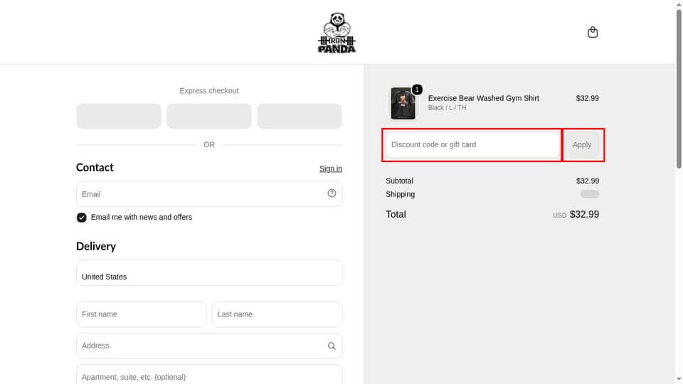 IronPanda checkout page showing the Discount code or gift card field and Apply button