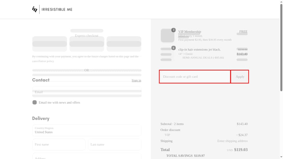 Irresistible Me checkout page showing the Discount code or gift card field and Apply button