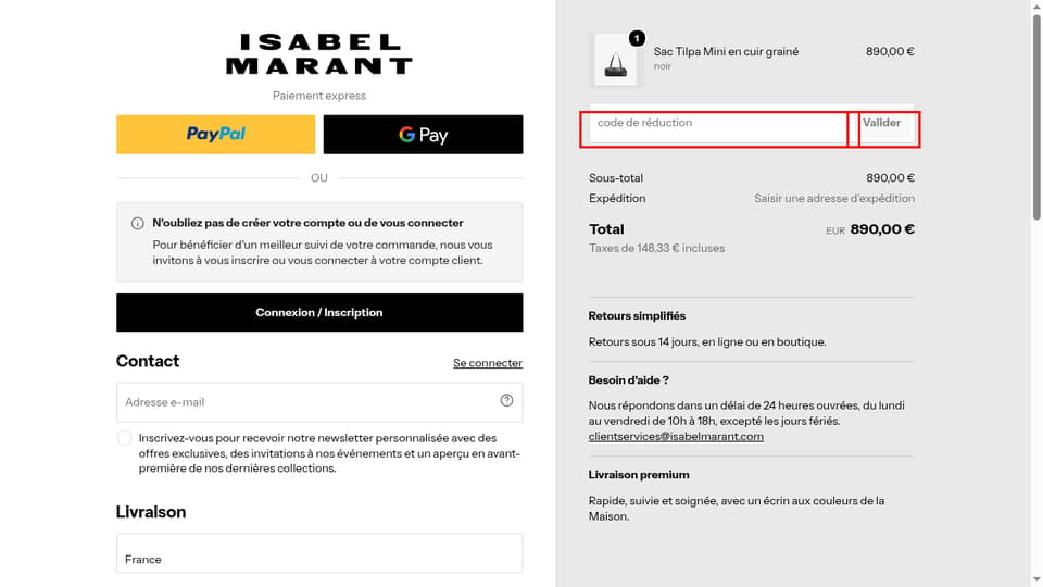 Isabel Marant checkout page showing the code de réduction field and Valider button
