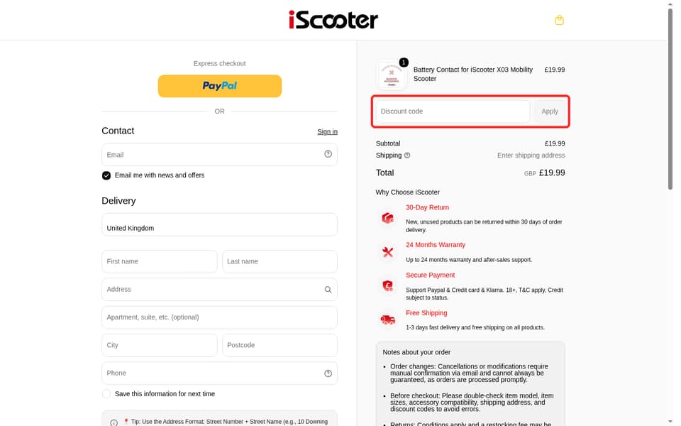 iScooter checkout page showing the Discount code field and Apply button