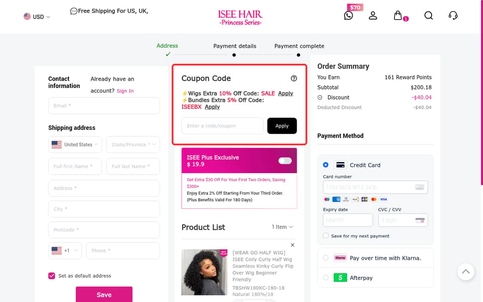 ISEE Hair checkout page showing the Enter a code/coupon field and Apply button