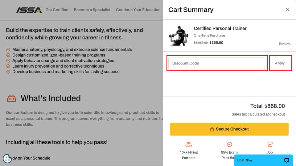 ISSA checkout page showing the Discount Code field and Apply button