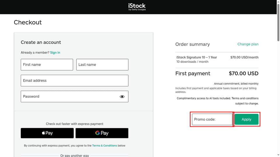 iStock checkout page showing the Promo code: field and Apply button