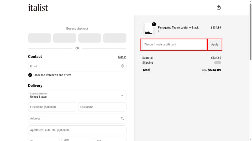 italist checkout page showing the Discount code or gift card field and Apply button