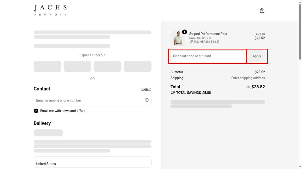 JACHS NY checkout page showing the Discount code or gift card field and Apply button