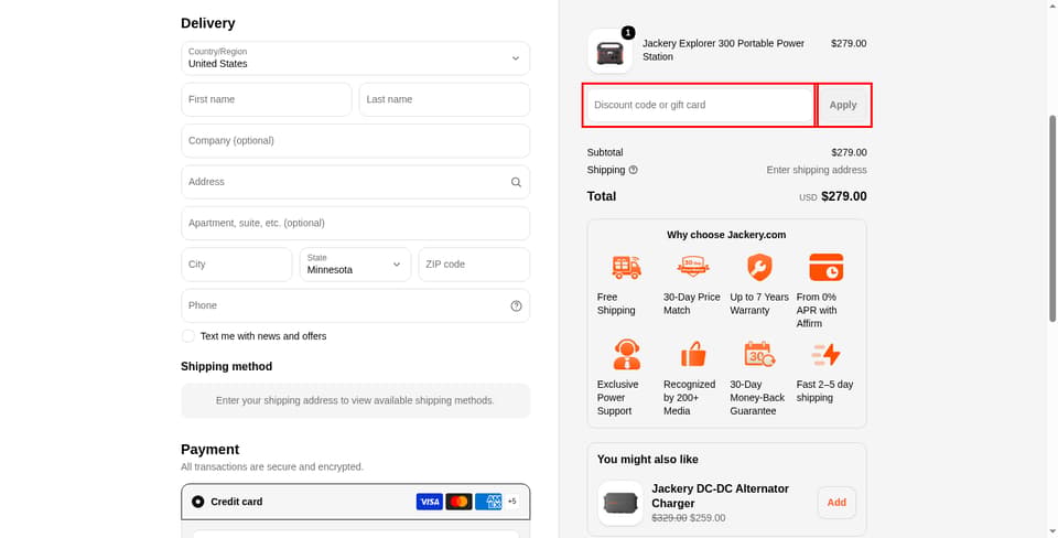 Jackery checkout page showing the 