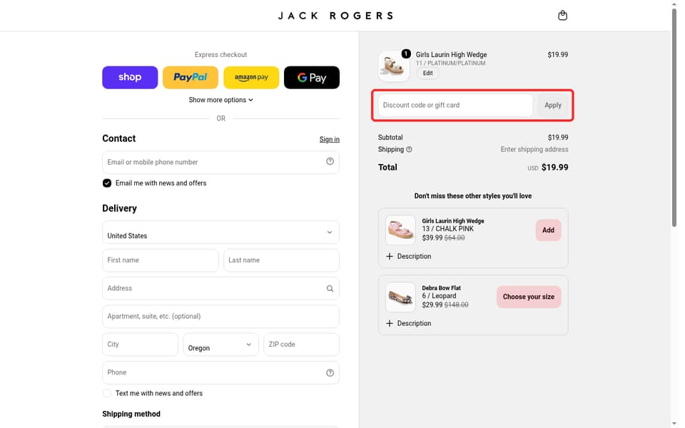 Jack Rogers checkout page showing the Discount code or gift card field and Apply button