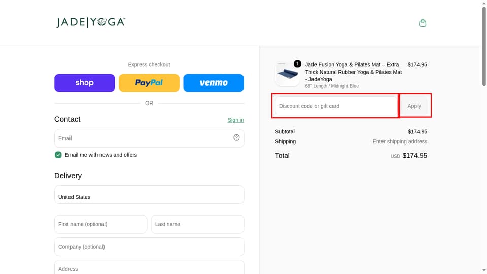 Jade Yoga checkout page showing the Discount code or gift card field and Apply button