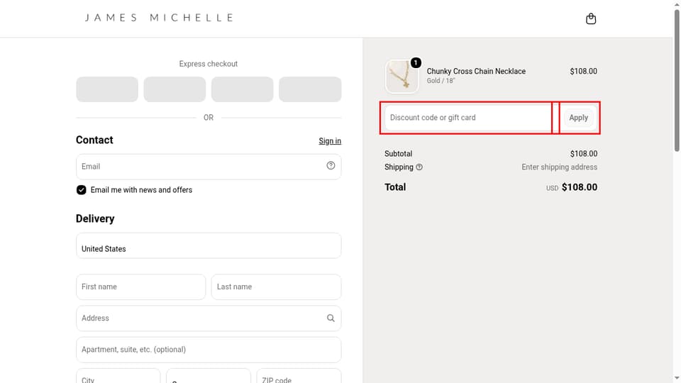 James Michelle checkout page showing the Discount code or gift card field and Apply button