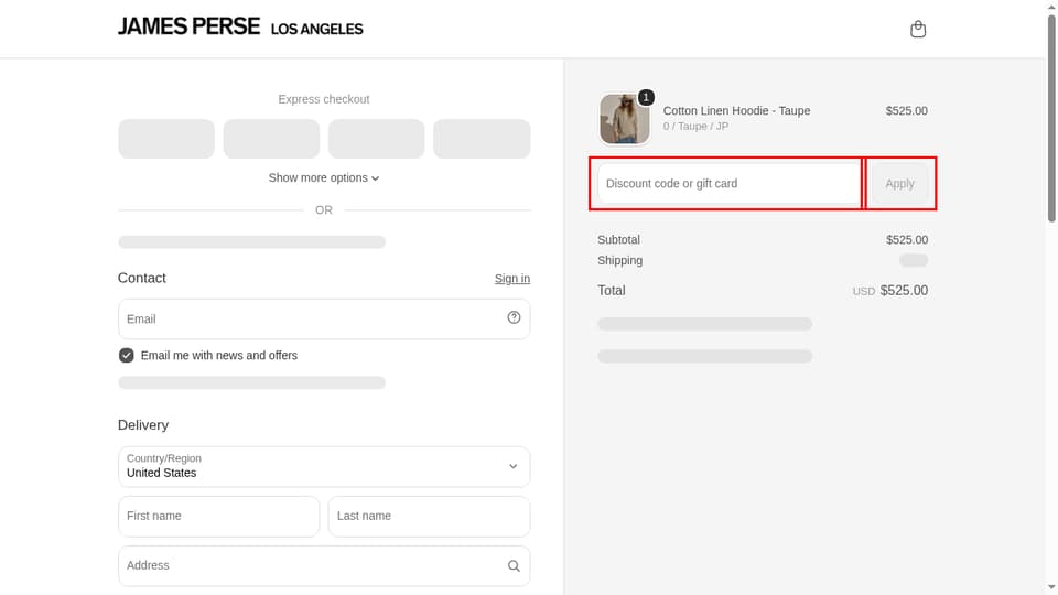 James Perse checkout page showing the Discount code or gift card field and Apply button